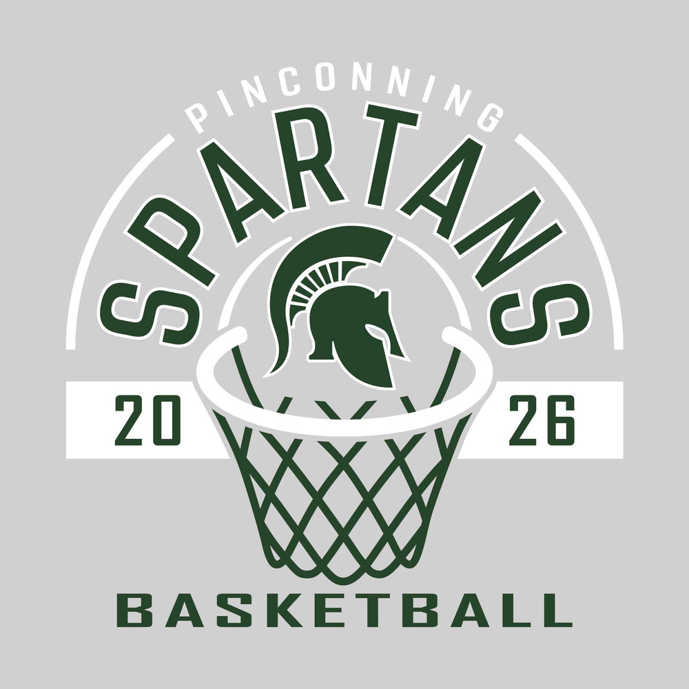 Pinconning Spartans - Basketball - Arched Text with Center Mascot and Rim