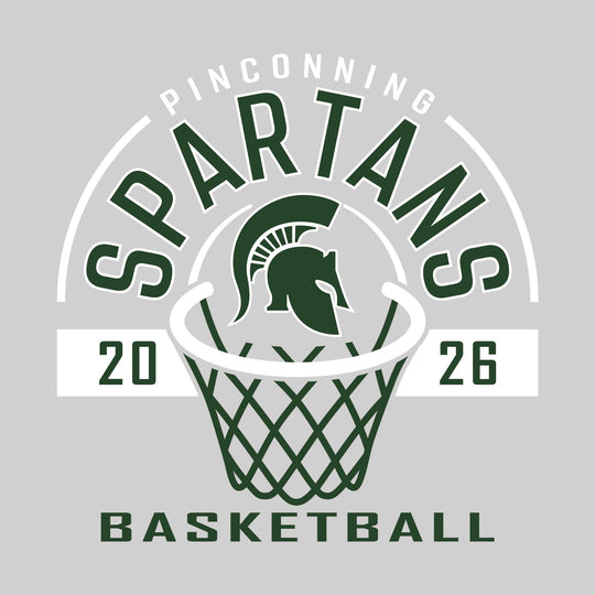 Pinconning Spartans - Basketball - Arched Text with Center Mascot and Rim