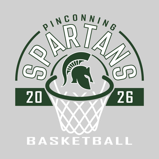 Pinconning Spartans - Basketball - Arched Text with Center Mascot and Rim