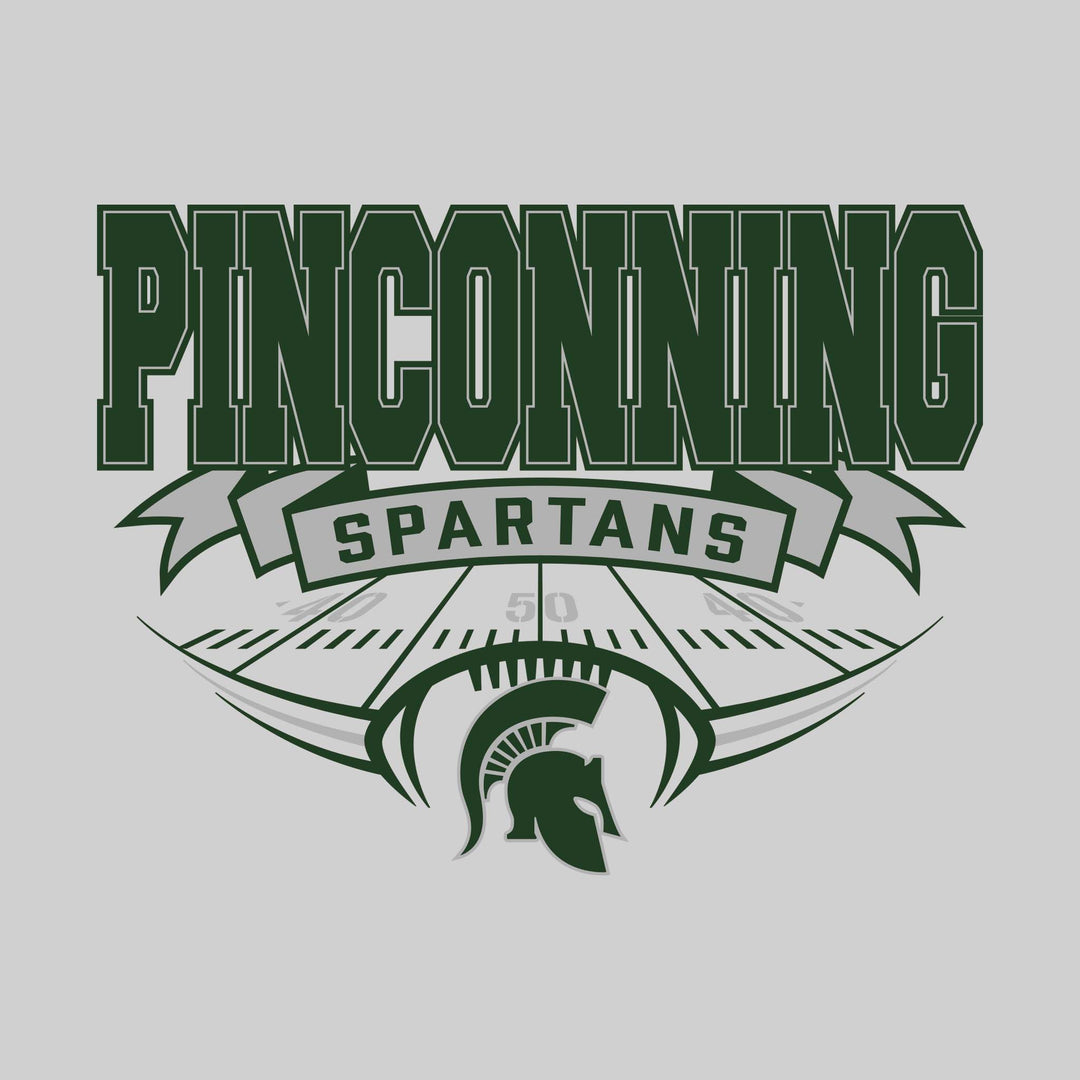 Pinconning Spartans - Football - School Name with Banner & Yard Lines - Green & White