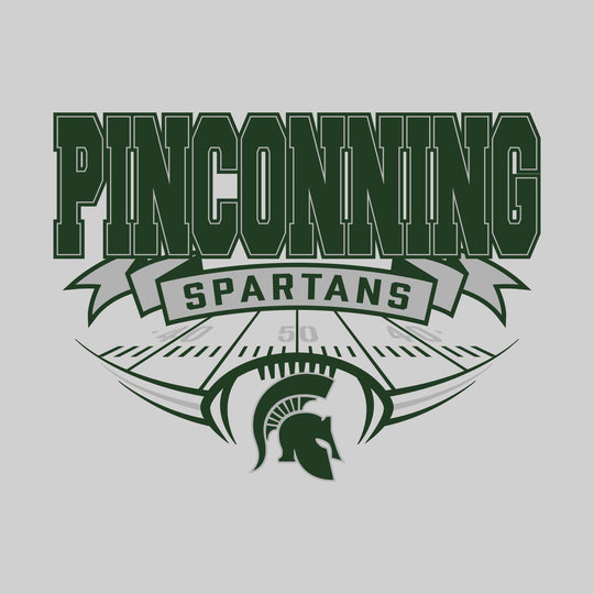 Pinconning Spartans - Football - School Name with Banner & Yard Lines - Green & White