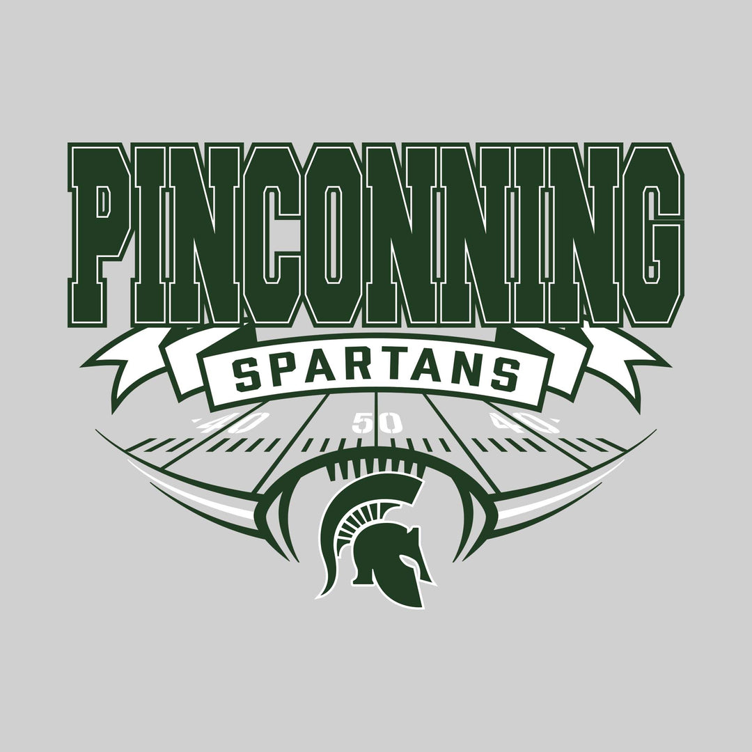 Pinconning Spartans - Football - School Name with Banner & Yard Lines - Green & White