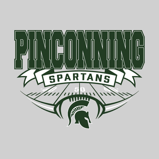 Pinconning Spartans - Football - School Name with Banner & Yard Lines - Green & White