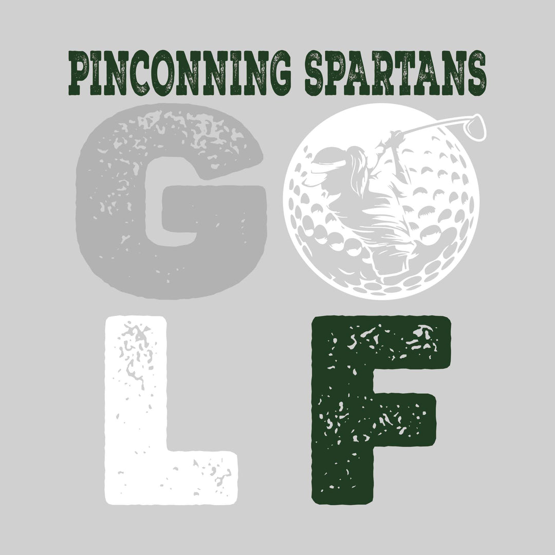 Pinconning Spartans - Golf - Distressed Stacked Text with Female Golfer Silhouette in Golf Ball
