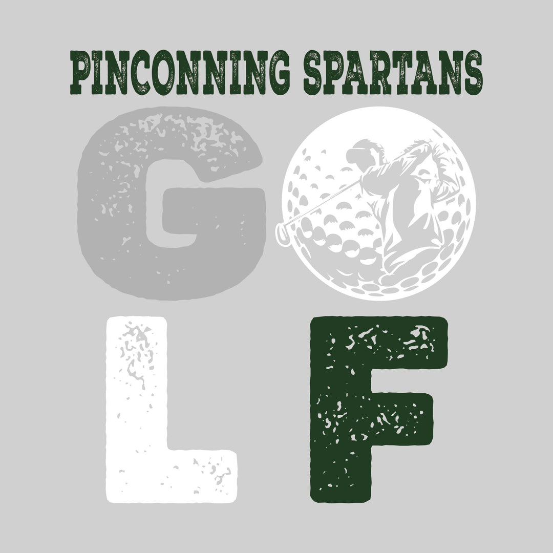 Pinconning Spartans - Golf - Distressed Stacked Text with Male Golfer Silhouette in Golf Ball