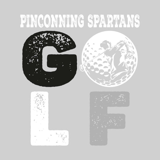 Pinconning Spartans - Golf - Distressed Stacked Text with Male Golfer Silhouette in Golf Ball