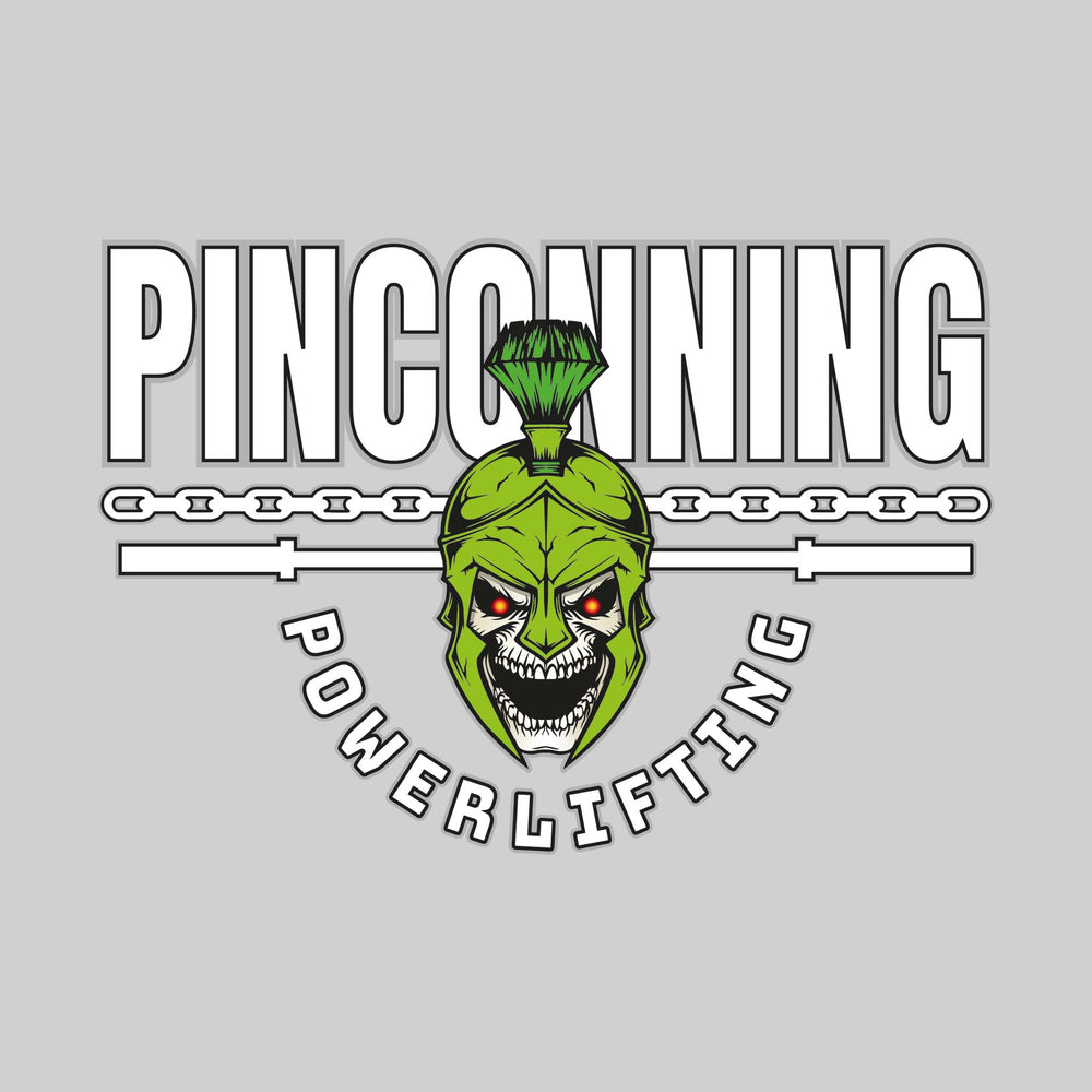 Pinconning Spartans - Powerlifting - School Name with Spartan Skull & Chain & Bar