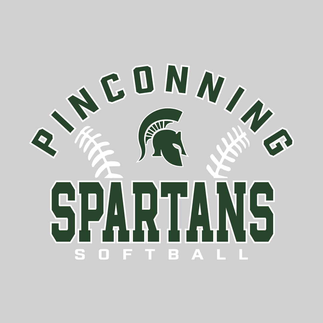 Pinconning Spartans - Softball - Arched School Name with Softball Stitches &amp; Mascot