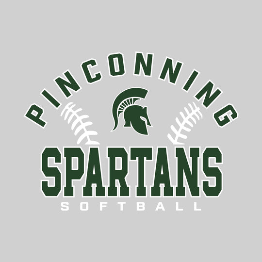 Pinconning Spartans - Softball - Arched School Name with Softball Stitches &amp; Mascot