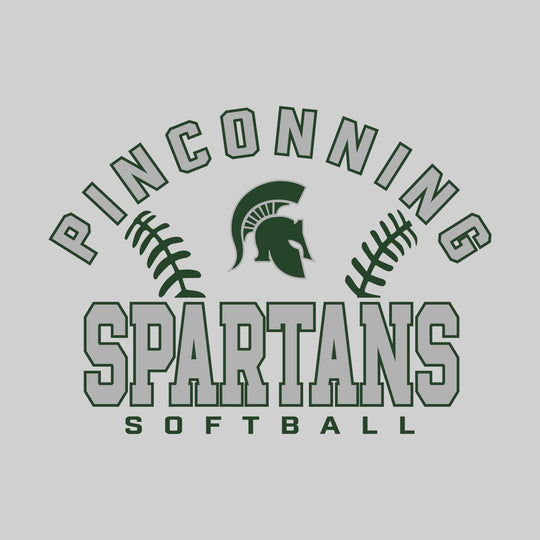 Pinconning Spartans - Softball - Arched School Name with Softball Stitches &amp; Mascot