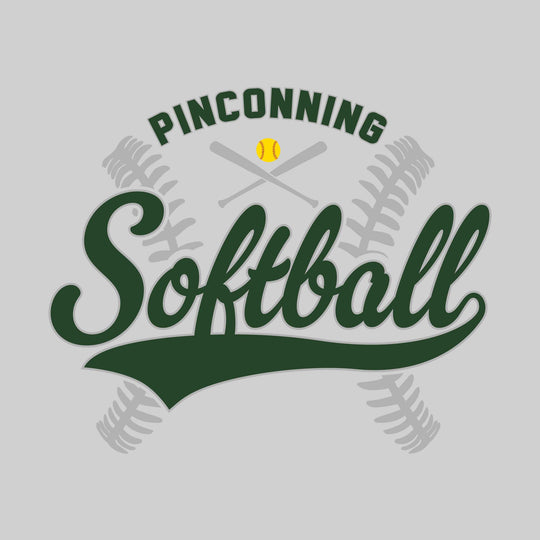 Pinconning Spartans - Softball - Cursive Softball with Stitches &amp; Crossed Bats
