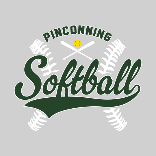 Pinconning Spartans - Softball - Cursive Softball with Stitches &amp; Crossed Bats