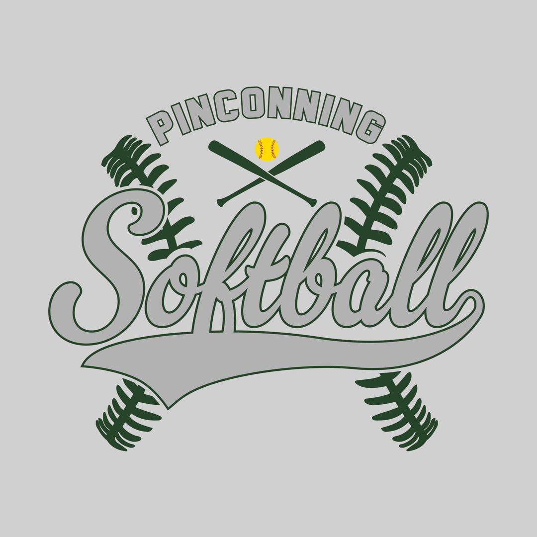 Pinconning Spartans - Softball - Cursive Softball with Stitches &amp; Crossed Bats