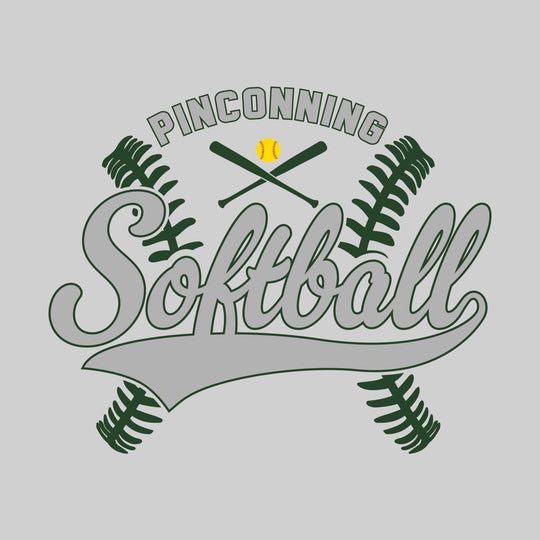 Pinconning Spartans - Softball - Cursive Softball with Stitches &amp; Crossed Bats