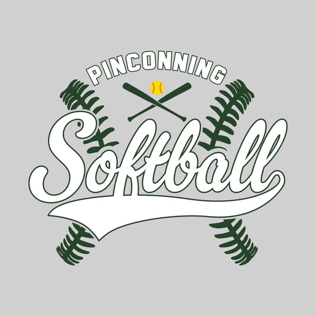 Pinconning Spartans - Softball - Cursive Softball with Stitches &amp; Crossed Bats