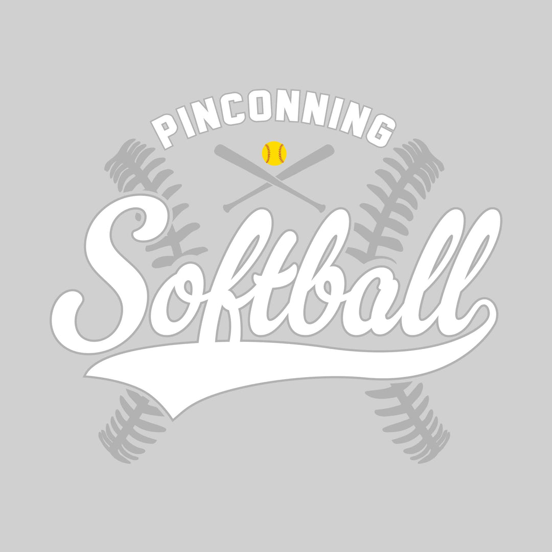 Pinconning Spartans - Softball - Cursive Softball with Stitches &amp; Crossed Bats