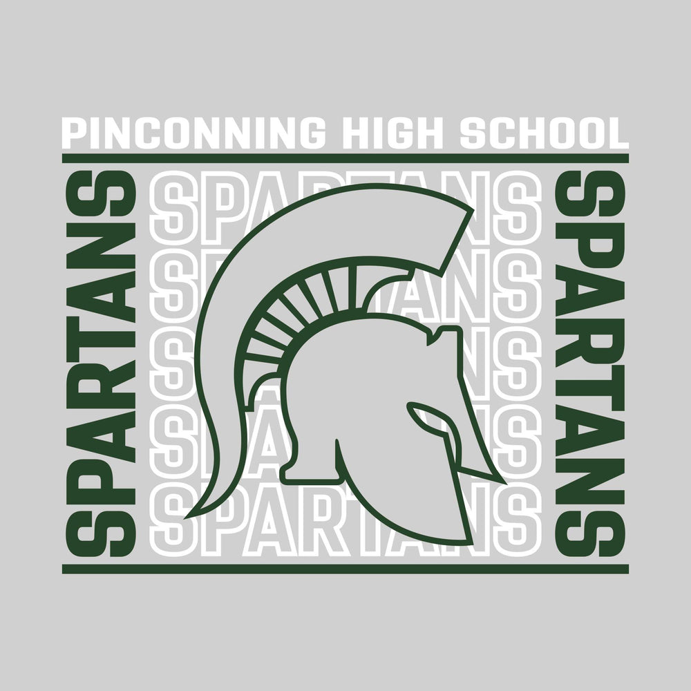 Pinconning Spartans - Spirit Wear - Bracketed Repeating Outlined Spartans with Mascot
