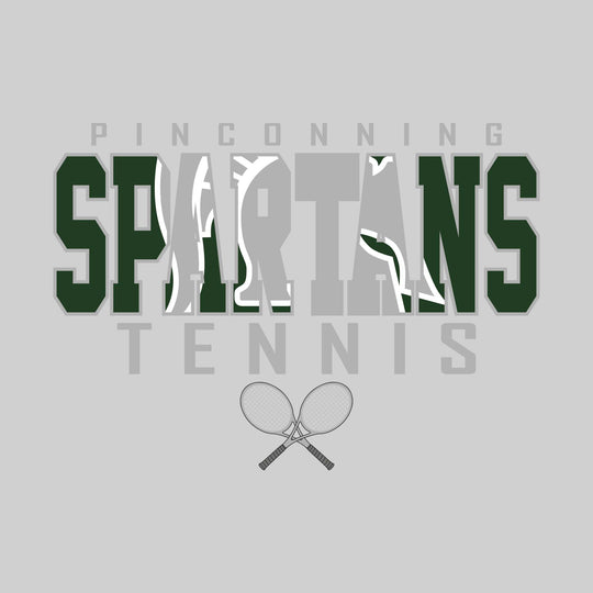 Pinconning Spartans - Tennis - Outlined Spartans with Mascot Inset and Crossed Rackets