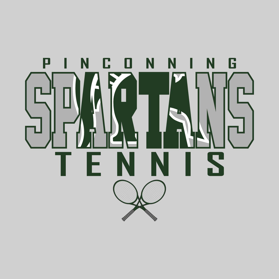 Pinconning Spartans - Tennis - Outlined Spartans with Mascot Inset and Crossed Rackets