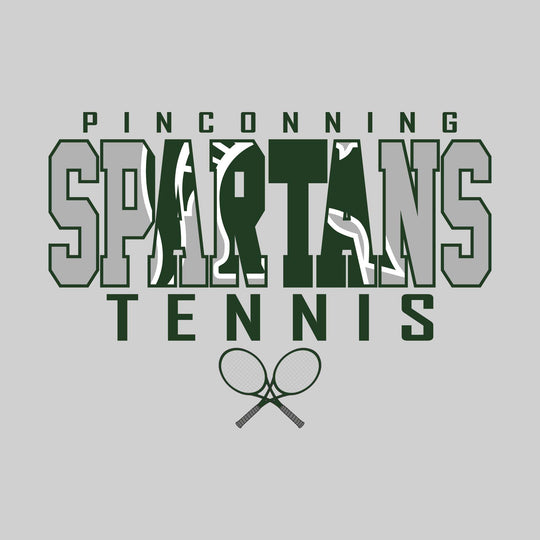 Pinconning Spartans - Tennis - Outlined Spartans with Mascot Inset and Crossed Rackets