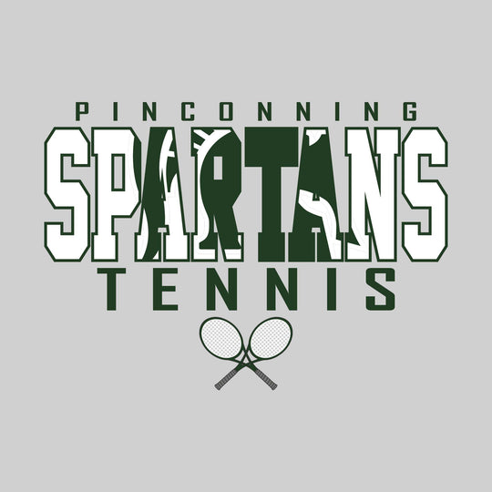 Pinconning Spartans - Tennis - Outlined Spartans with Mascot Inset and Crossed Rackets