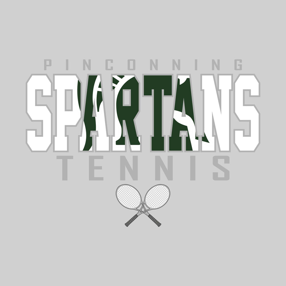 Pinconning Spartans - Tennis - Outlined Spartans with Mascot Inset and Crossed Rackets