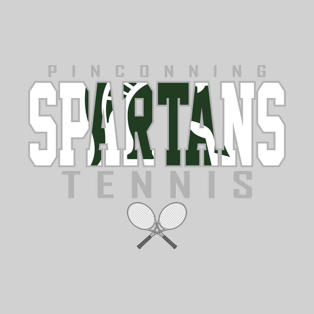 Pinconning Spartans - Tennis - Outlined Spartans with Mascot Inset and Crossed Rackets