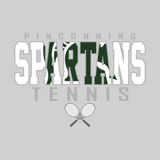 Pinconning Spartans - Tennis - Outlined Spartans with Mascot Inset and Crossed Rackets