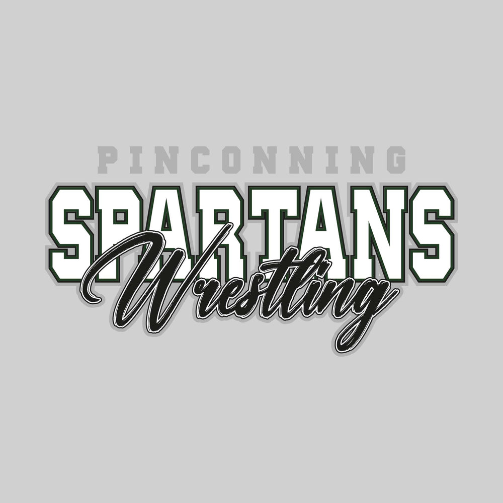 Pinconning Spartans - Wrestling - Outlined Mascot Name with Cursive Wrestling