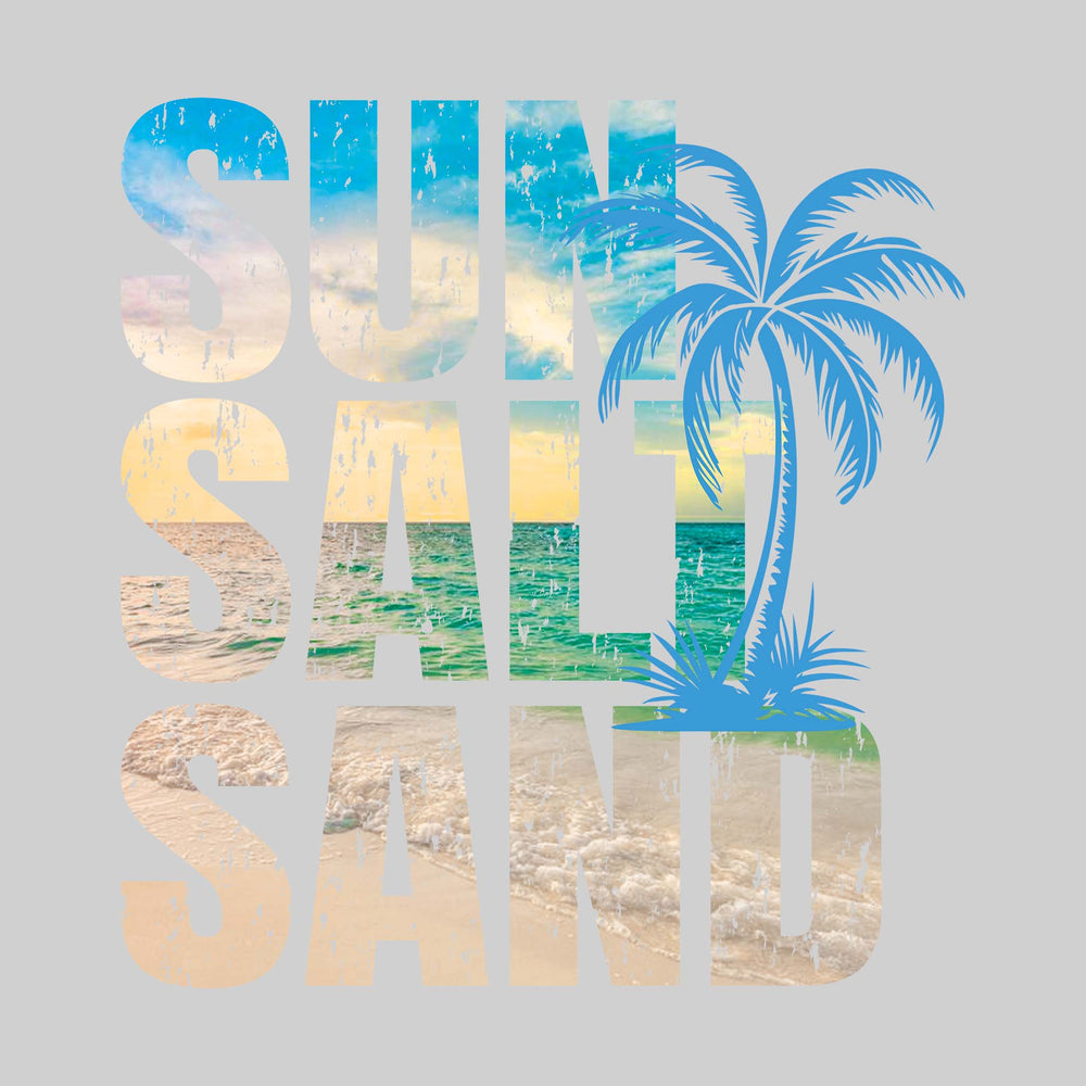 Sun Salt Sand - Image Inset in Text with Palm Tree - Distressed