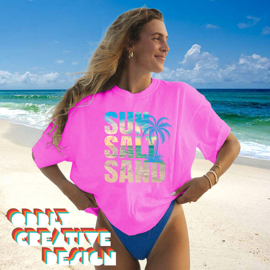 Sun Salt Sand - Image Inset in Text with Palm Tree - Distressed