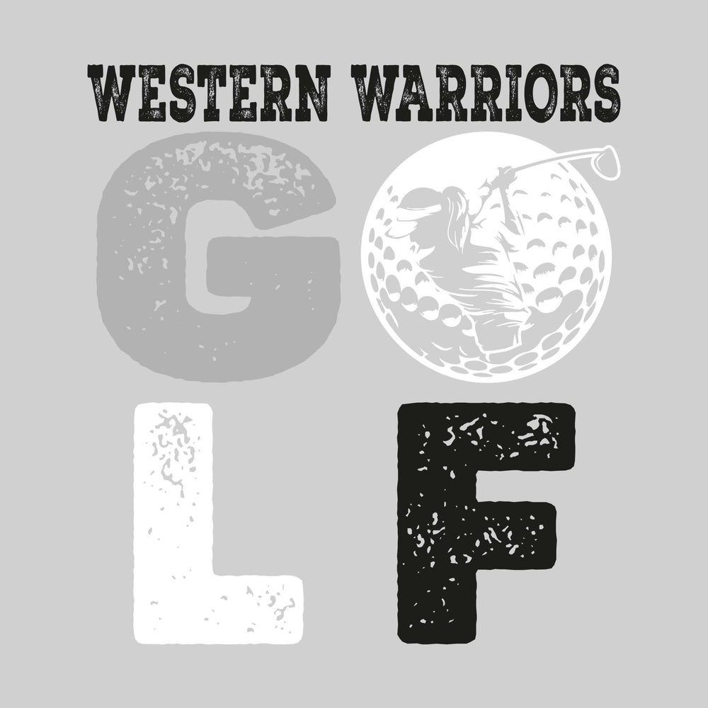 Western Warriors - Golf - Distressed Stacked Text with Female Golfer Silhouette in Golf Ball