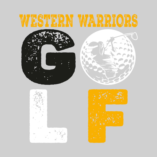 Western Warriors - Golf - Distressed Stacked Text with Female Golfer Silhouette in Golf Ball
