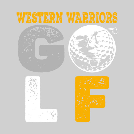 Western Warriors - Golf - Distressed Stacked Text with Female Golfer Silhouette in Golf Ball