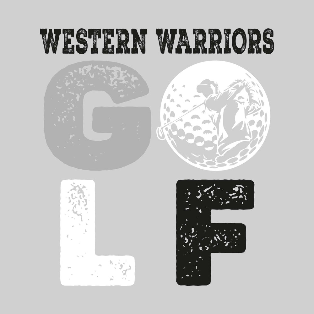 Western Warriors - Golf - Distressed Stacked Text with Male Golfer Silhouette in Golf Ball