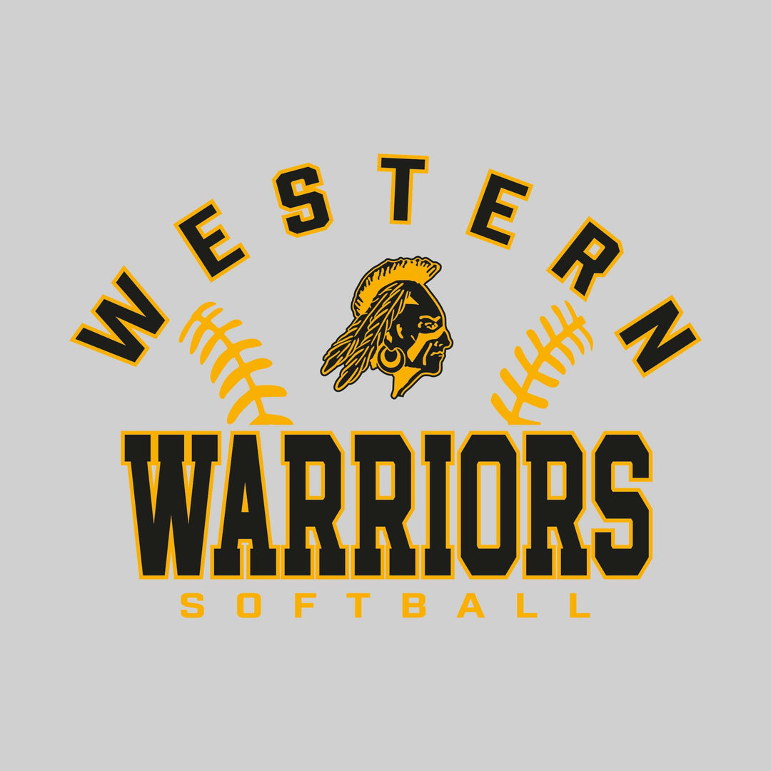 Western Warriors - Softball - Arched School Name with Softball Stitches &amp; Mascot
