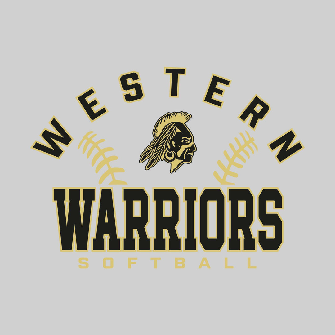Western Warriors - Softball - Arched School Name with Softball Stitches &amp; Mascot