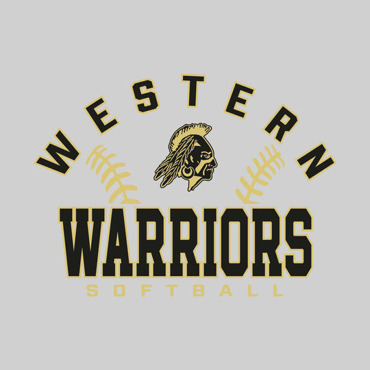 Western Warriors - Softball - Arched School Name with Softball Stitches &amp; Mascot