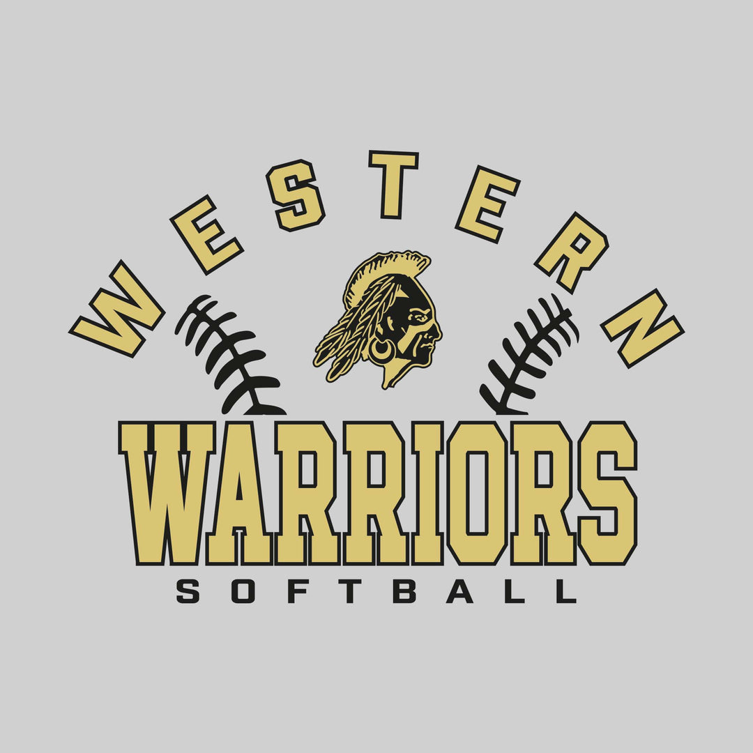 Western Warriors - Softball - Arched School Name with Softball Stitches &amp; Mascot