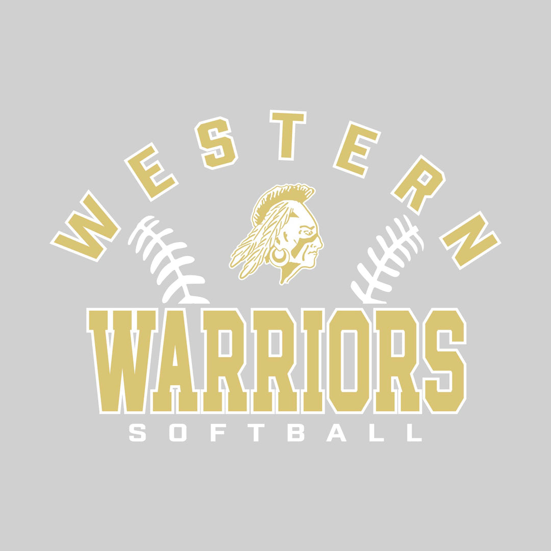 Western Warriors - Softball - Arched School Name with Softball Stitches &amp; Mascot