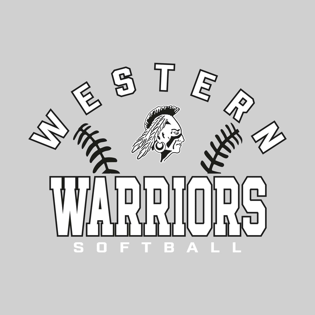 Western Warriors - Softball - Arched School Name with Softball Stitches &amp; Mascot