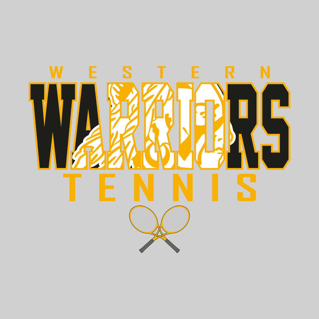 Western Warriors - Tennis - Outlined Warriors with Mascot Inset and Crossed Rackets