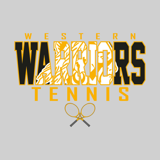 Western Warriors - Tennis - Outlined Warriors with Mascot Inset and Crossed Rackets
