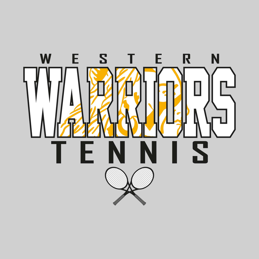 Western Warriors - Tennis - Outlined Warriors with Mascot Inset and Crossed Rackets