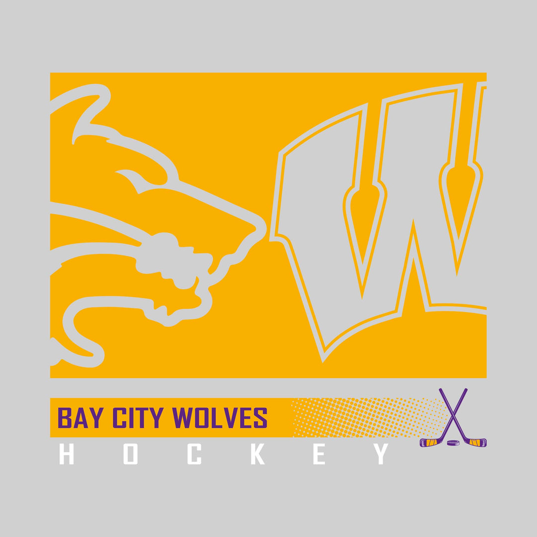 Bay City Wolves - Hockey - Cutout Logos with Halftone Bar and Hockey Sticks