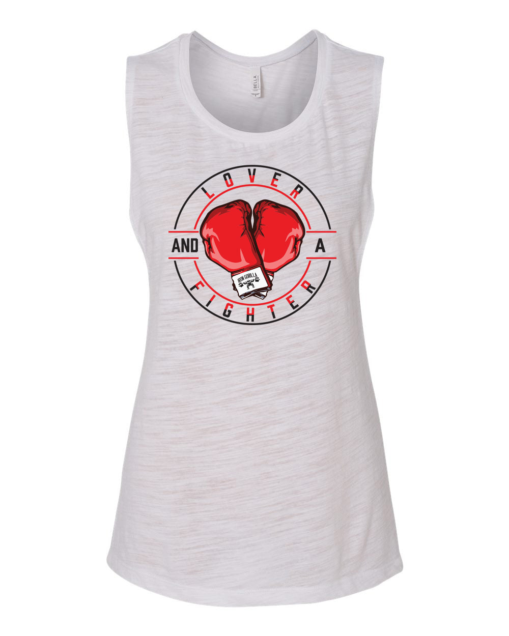 Ladies "Iron Gorilla - Lover and a Fighter" Flowy Scoop Muscle Tank - White Slub